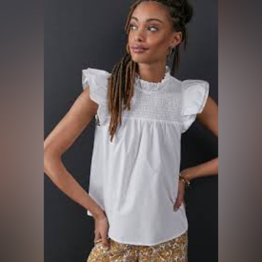 Marie‎ Oliver Anthropologie White Smocked Babydoll Blouse | Flutter | Size S